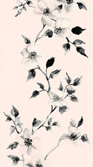 Wall Mural - The image features a black and white illustration of flowering branches with delicate flowers and leaves