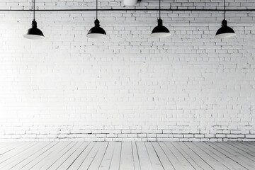 Wall Mural - White brick wall, wood floor, pendant lights, empty room, mockup