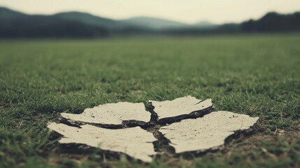 Wall Mural - Cracked earth in a green field.