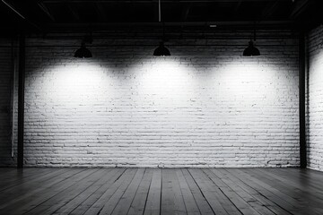 Wall Mural - Spotlight illuminated white brick wall, dark wood floor, industrial interior, blank space, mockup