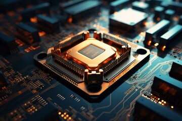 Poster - Close up of a modern cpu socket showcasing intricate connections on a circuit board, illuminated by warm lighting