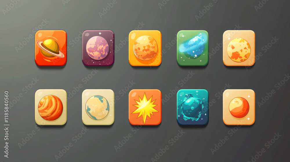 Cartoon space game app icons. Green planets and comets vector ui or gui ...