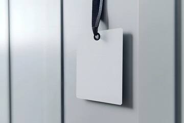 Wall Mural - Blank square tag hanging on grey locker, mockup