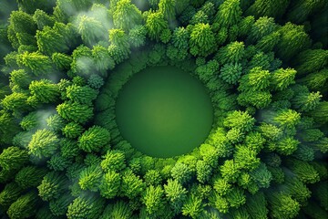 Wall Mural - Aerial view of dense green trees forming a perfect circular edge, surrounding a vibrant green center, on a sunny day. Concept of nature symmetry. Ai generative