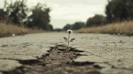 Wall Mural - Small wildflower growing through cracked asphalt road.