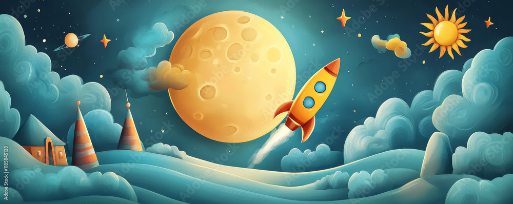 Colorful rocket soaring through whimsical landscape with large moon ...