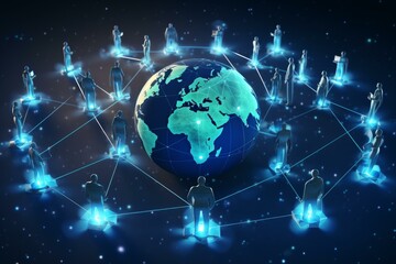 Poster - Businesspeople standing on glowing platforms are connected by lines of light around a rotating globe