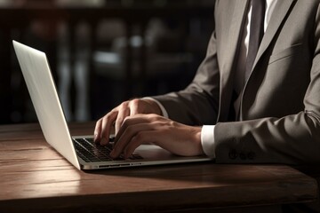 Poster - Businessman is working on his laptop in a restaurant, diligently typing on the keyboard
