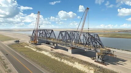 Canvas Print - Bridge construction underway, cranes lifting steel beams over river and highway.