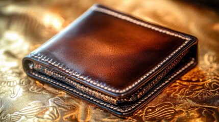 A luxury wallet with intricate stitching placed on a gold and cream background