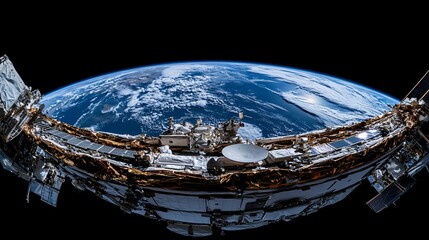 Wall Mural - earth viewed from space station; panoramic view of planet, solar panels, and satellite dishes.
