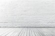 © Abdi - White brick wall, wood floor, empty room, interior design mockup