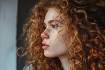 Wall Mural - Profile of a caucasian model with long, curly red hair and freckles looking away from the camera