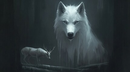 Majestic white wolf and young deer in dark forest.