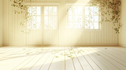 Wall Mural - Sunlit room with wooden floor, vines, and windows.