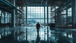 © BerkahStock - Construction worker walking through large, modern building under construction.