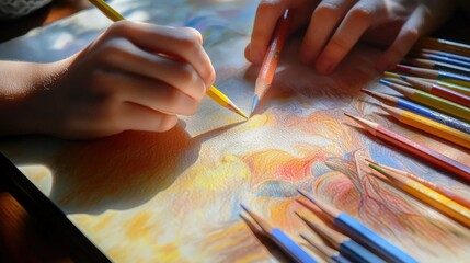 Wall Mural - Close-up of a child drawing with pencils. Selective focus