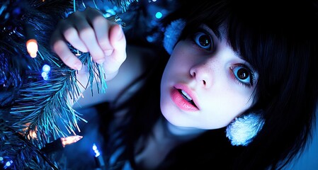 Wall Mural - Close-up portrait of a young woman with dark hair and large eyes, looking up at Christmas lights.