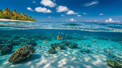 Tropical blue ocean with white sand underwater. very beautiful scenery. with the blue sky