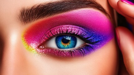 Wall Mural - Close-up of a woman's eye with vibrant pink, purple, and blue eyeshadow.