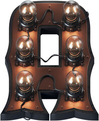 Poster - 3d rendered letter in loft steam-punk style with vintage bulb lamps and brass aged surface