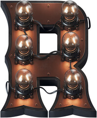 Poster - 3d rendered letter in loft steam-punk style with vintage bulb lamps and brass aged surface