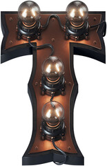 Poster - 3d rendered letter in loft steam-punk style with vintage bulb lamps and brass aged surface