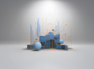 Poster - abstract 3d rendering of interconnected cubes and spheres, illuminated by a spotlight, suggesting te