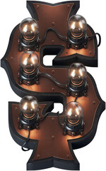 Poster - 3d rendered letter in loft steam-punk style with vintage bulb lamps and brass aged surface