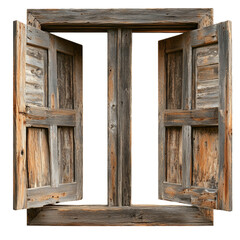 Fototapete - A weathered wooden window with open shutters reveals a dark background, showcasing its rustic charm and aged texture.