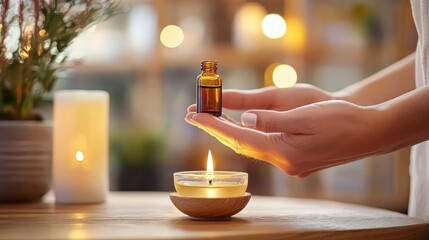 A serene image featuring a person holding an essential oil bottle above a lit candle, surrounded by a calming atmosphere of soft light and greenery.