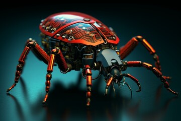 Poster - Robotic insect with red and black body and exposed mechanics crawling on reflective surface