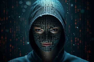 Poster - Hacker with a futuristic digital mask and a hood is hiding behind running code
