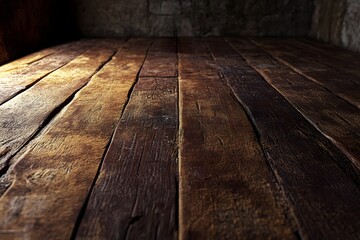 Rustic wooden floor, dark stone wall background, product display