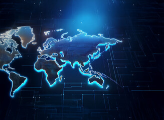 Poster - A glowing, digital world map on a dark tech background.  The continents are highlighted in bright blue, suggesting global connectivity and data flow.