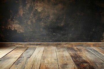 Wall Mural - Rustic wooden floor, dark textured wall background, interior, empty space, product display