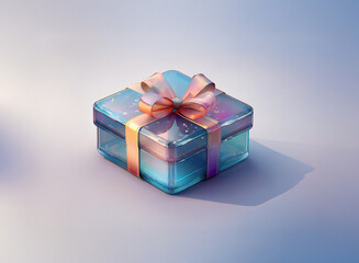 Poster - A translucent, cube-shaped gift box with a pastel pink and orange ribbon, sits on a light blue background, casting a soft shadow.  The box appears to contain a shimmering, colorful substance.