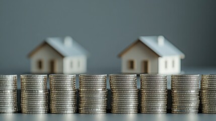 Poster - A visual representation of financial growth, showcasing coins stacked in front of miniature houses, symbolizing investment in real estate.