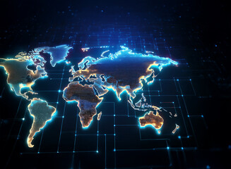 Poster - A glowing digital world map, showcasing global interconnectedness via a network grid.  The continents are outlined in vibrant blue light against a dark background.