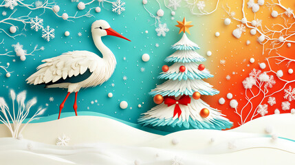 Naklejka na meble A stunning scene in which a stork, standing next to it, carries an ornamented Christmas tree, is set against a background of complementary colors, especially turquoise and orange