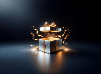 Poster - A silver gift box with a gold ribbon magically opens, releasing golden confetti and sparkling light against a dark background.  The scene evokes excitement and wonder.