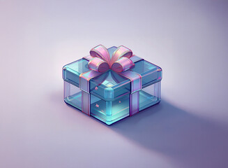 Canvas Print - A translucent, cube-shaped gift box with a shimmering, pastel pink and purple ribbon sits on a soft purple background, glowing subtly from within.  Its design is minimalist and elegant.