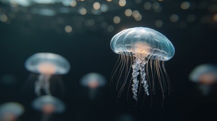 Poster - A jellyfish gracefully floats in the ocean. AI.