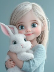 Canvas Print - A girl lovingly hugs a fluffy white rabbit. AI.