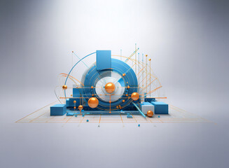 Poster - Abstract 3D composition featuring blue and orange geometric shapes, spheres, and lines against a light gray background.  It evokes a sense of connection and data visualization.