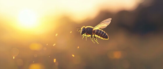 Sticker - Golden hour bee in flight. AI.