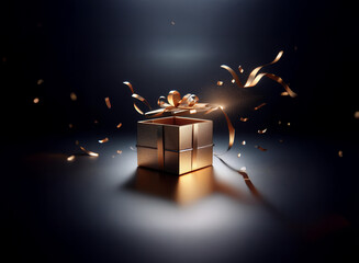 Wall Mural - a golden gift box magically opens, releasing shimmering ribbons and confetti against a dark backgrou
