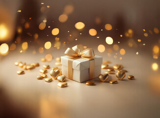 Canvas Print - A small, white gift box with a gold ribbon sits amidst scattered golden hearts, bathed in warm, bokeh-style lighting.  The scene evokes feelings of love, celebration, and gifting.