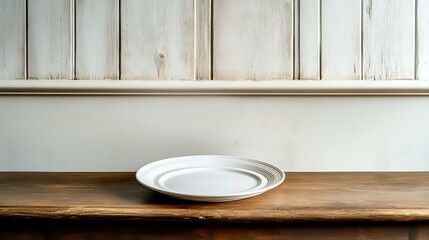 A professionally styled white plate on a wooden table, set against the textured boiserie walls of a French countryside restaurant