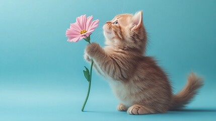 Wall Mural - Cat With Flowers Isolated Image